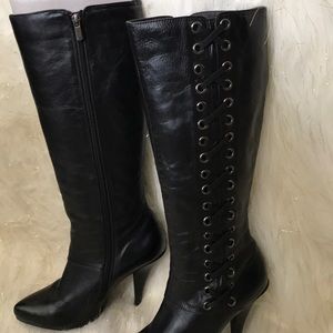 Two Lips black leather high heeled boots